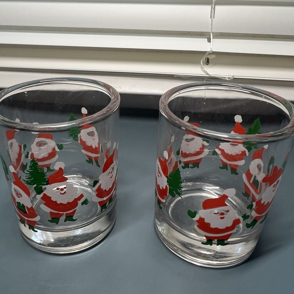 Vintage Indiana Glass Christmas Santa Claus Votive Candle Holders Set of 2